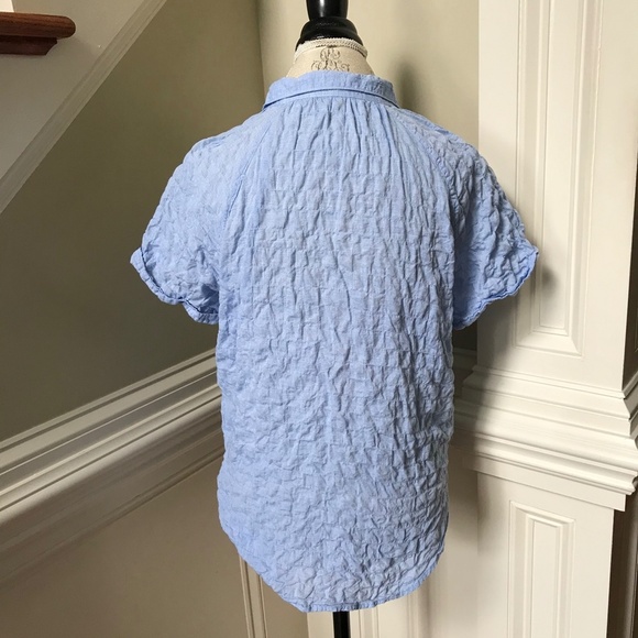 California Tailor Button Down Shirt Womens Small Blue Short Sleeve Cotton Ruched - Picture 9 of 10